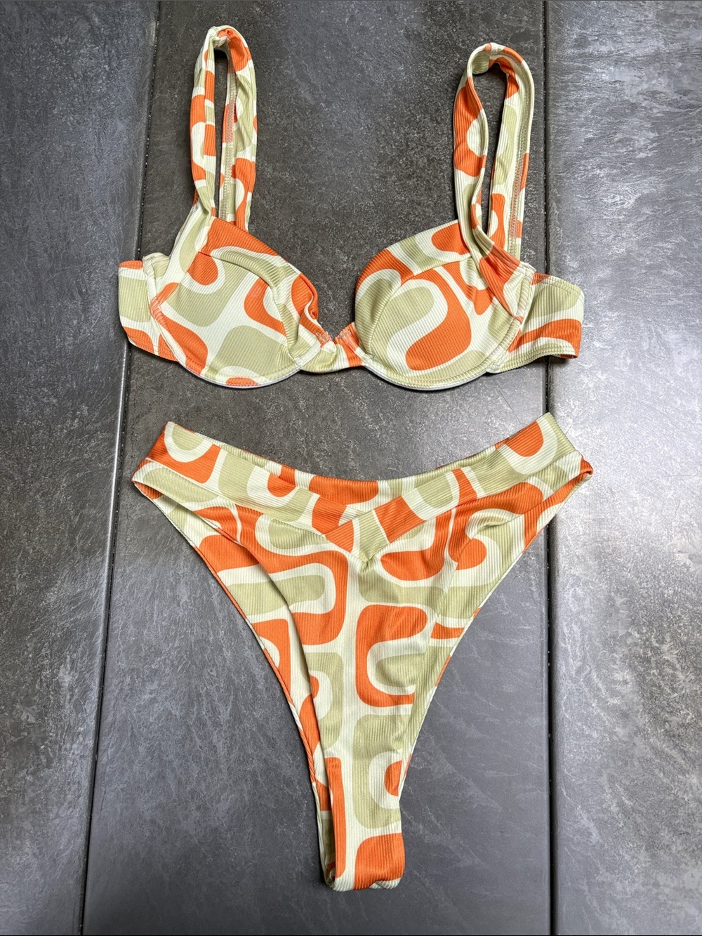 Retro Orange & Light Green Patterned Ribbed Bikini Set